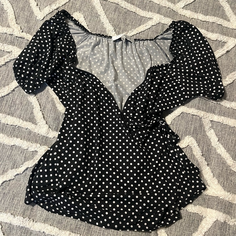 Socialite Black and White Polka Dot Wrap Blouse